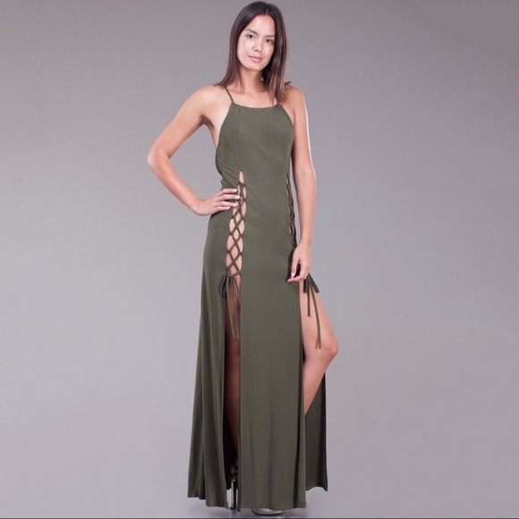 Last 1! Olive Lace Up High Slit Criss Cross Maxi Dress - Picture 6 of 8